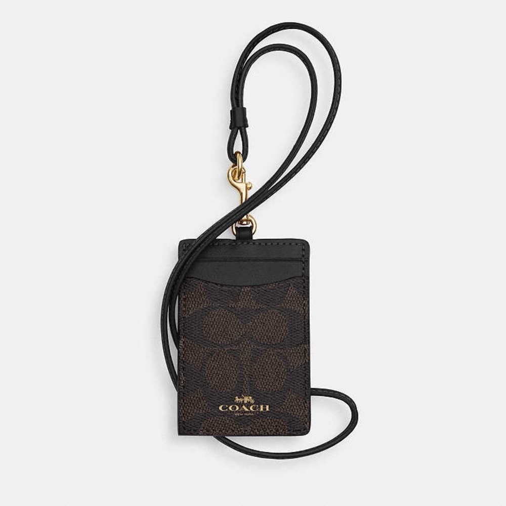COACH Brown/Black Signature Lanyard Card Holder NWT